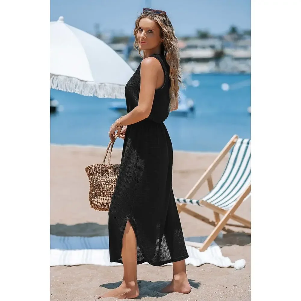 Cupshe Black Round Neck Sleeveless Dolphin Hem Midi Dress